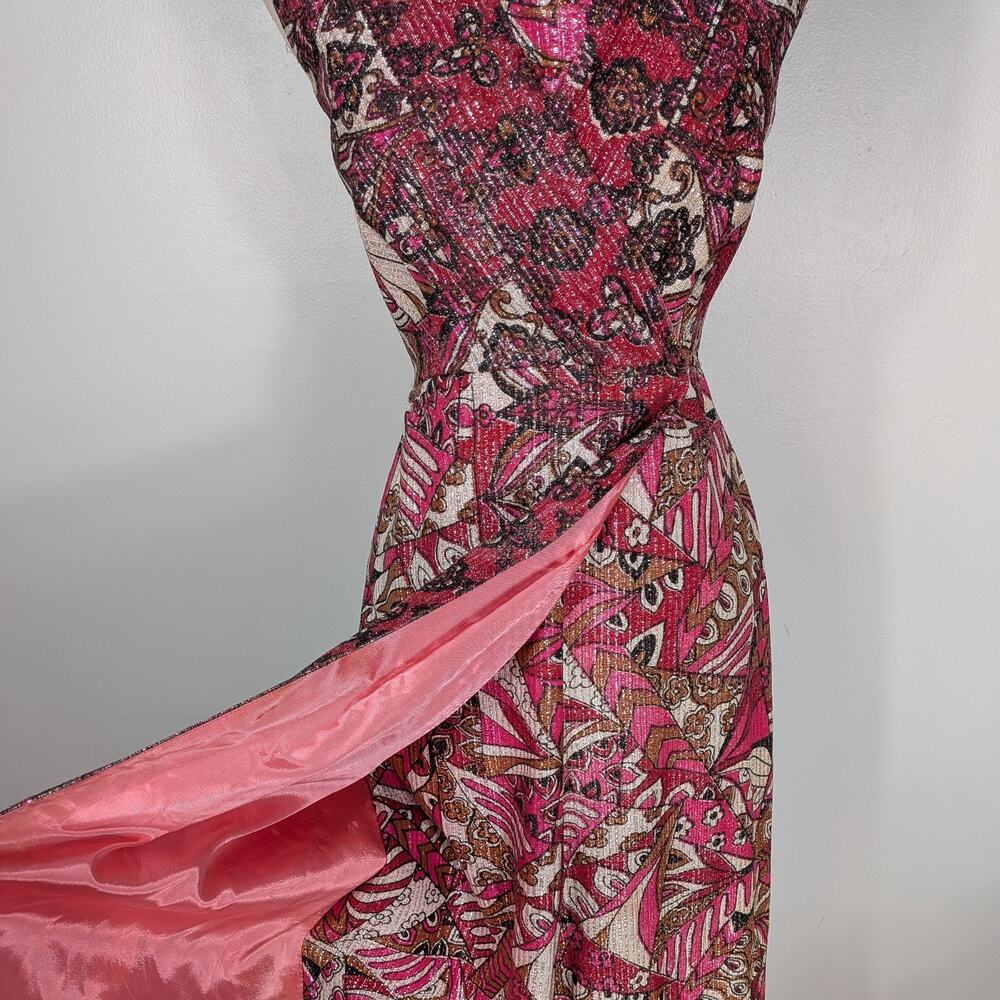 Vintage 60s Maxi Dress Gown Pink Metallic Evening 70s Glam Prom Formal Empire - Picture 4 of 14